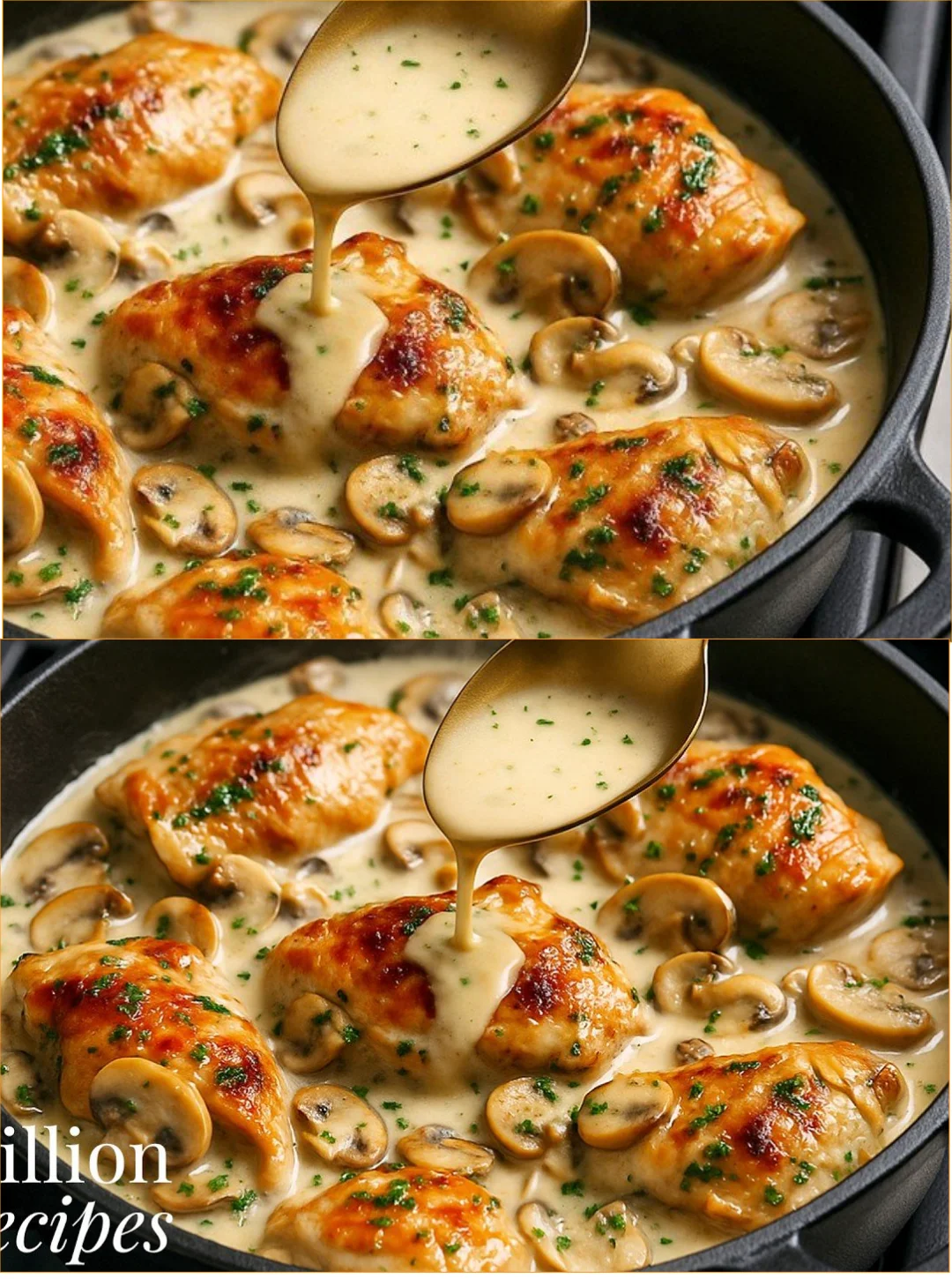 Hubbard-Hühnchen mit Pilzen in einer leckeren Sauce serviert