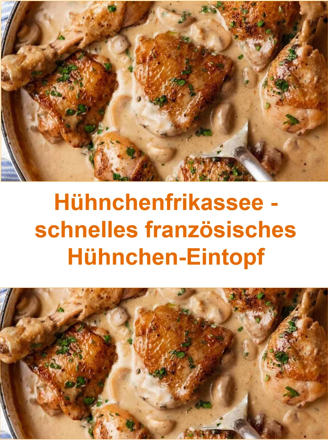 Hühnchenfrikassee - schneller französischer Hühnchen-Eintopf auf einem Teller serviert.