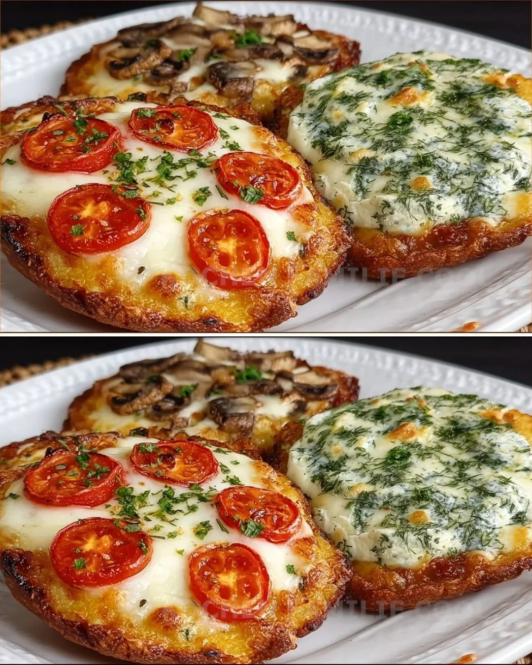 Hüttenkäse Fladenbrot frisch gebacken mit Kräutern und Gewürzen, serviert auf einem Teller.