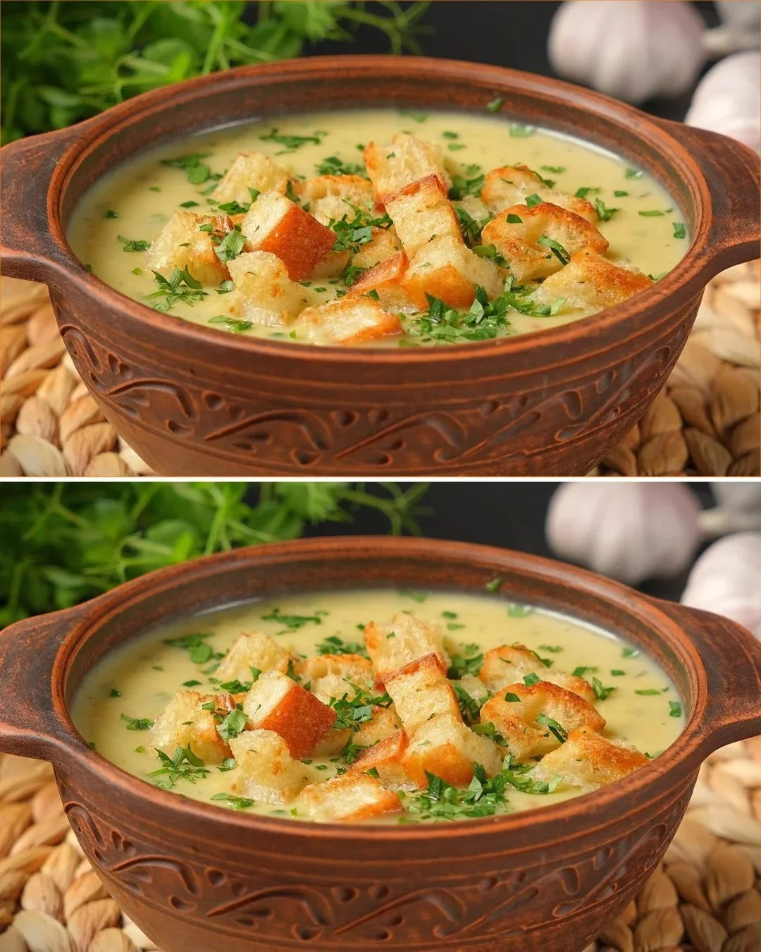 Schüssel mit unglaublich leckerer Winter-Knoblauchsuppe