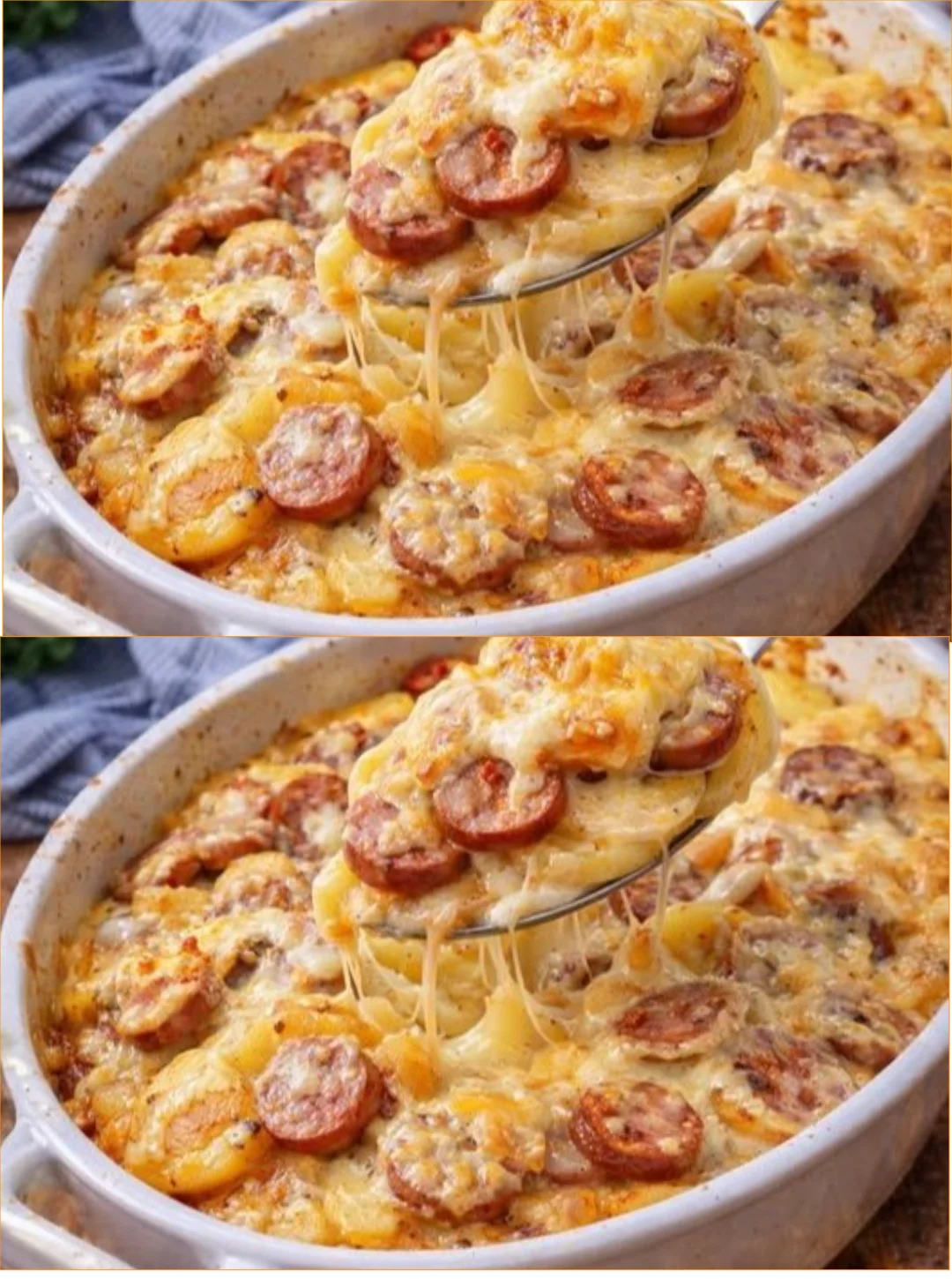 Kartoffelauflauf mit Wurst frisch aus dem Ofen serviert