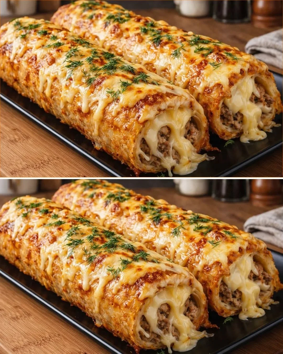 Kartoffelroulade mit Hackfleisch und Käse auf einem Teller serviert