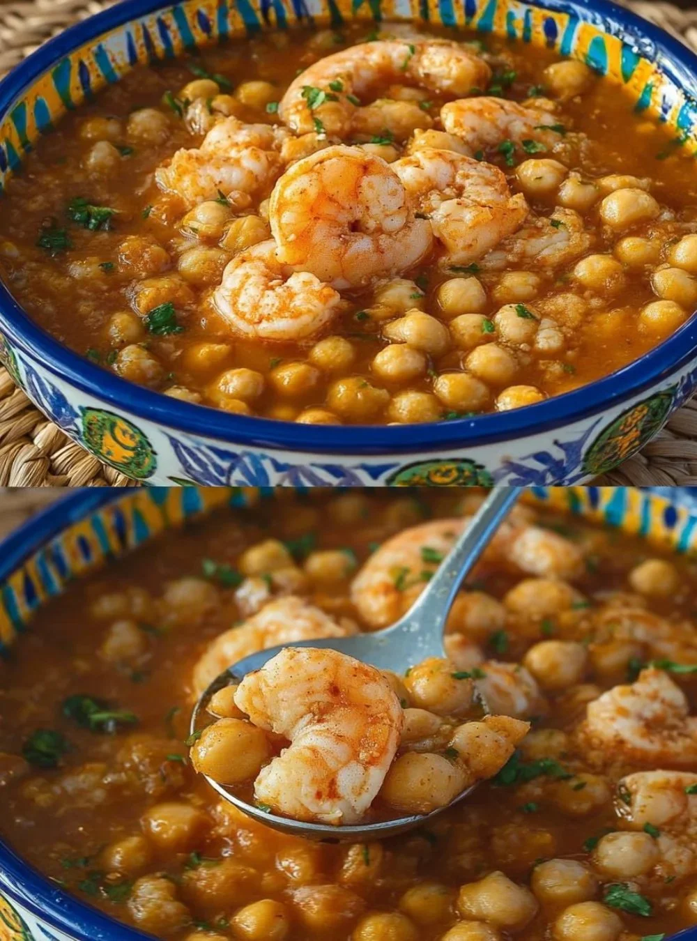 Kichererbsensuppe mit Tintenfisch und Garnelen in einer Schüssel serviert