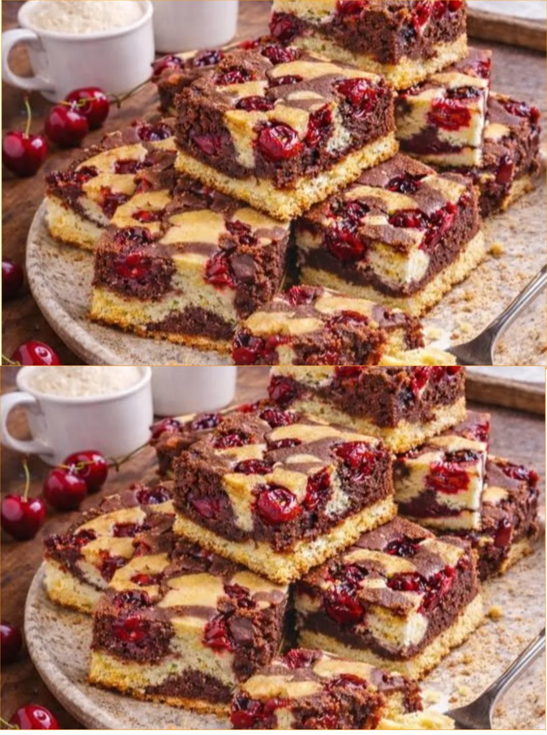 Marmormuster Kirschtorte mit frischen Kirschen und Sahne
