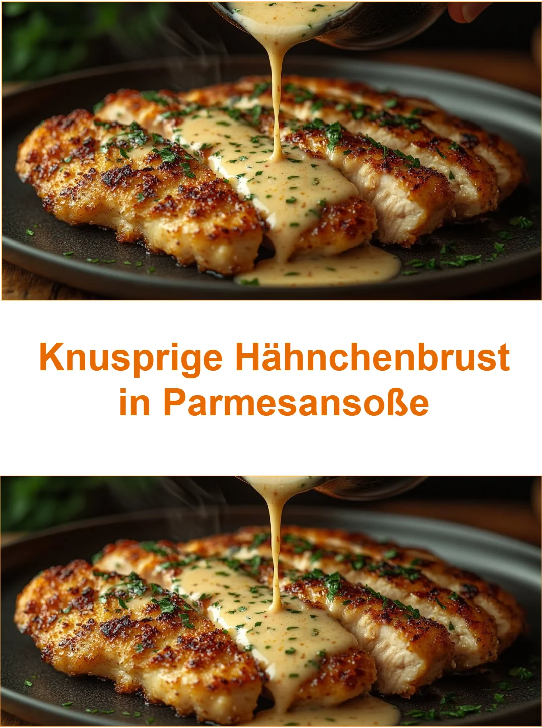 Knusprige Hähnchenbrust in Parmesansoße auf einem Teller serviert