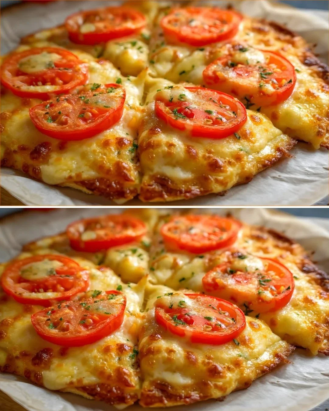 Knusprige Kartoffelpizza mit Gemüse und Mozzarella auf einem Teller serviert
