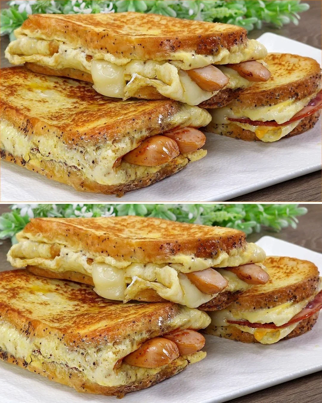 Schmelz-Ei-Sandwiches mit Käse auf einem Teller serviert