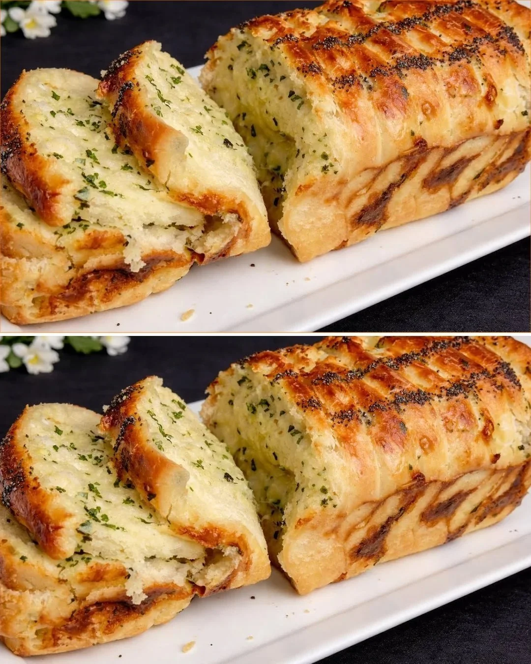 Leichtes hausgemachtes Knoblauchkäsebrot frisch aus dem Ofen.
