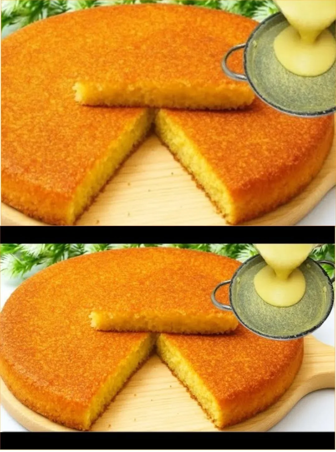 Lustiger Grieß-Joghurtkuchen auf einem Teller serviert, dekoriert mit frischen Früchten.