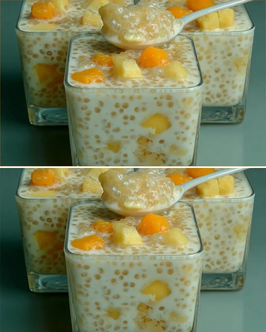 Mango-Bananen-Sago-Dessert in einer Schüssel mit frischen Früchten dekoriert