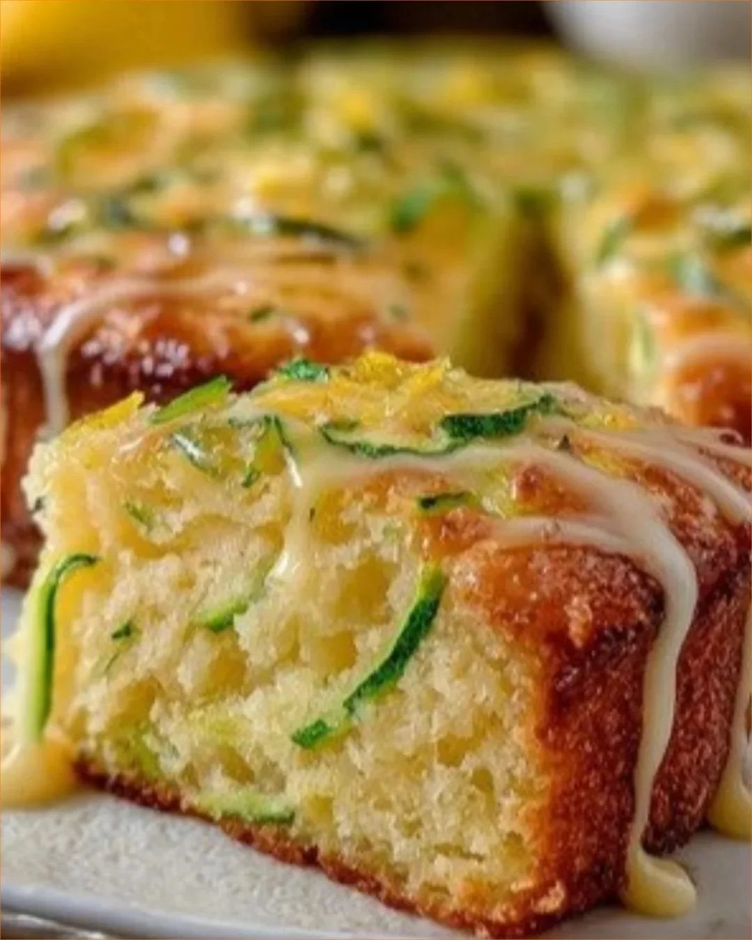 Saftiger mehlfreier Zitronen-Zucchini-Kuchen auf einem Teller serviert.