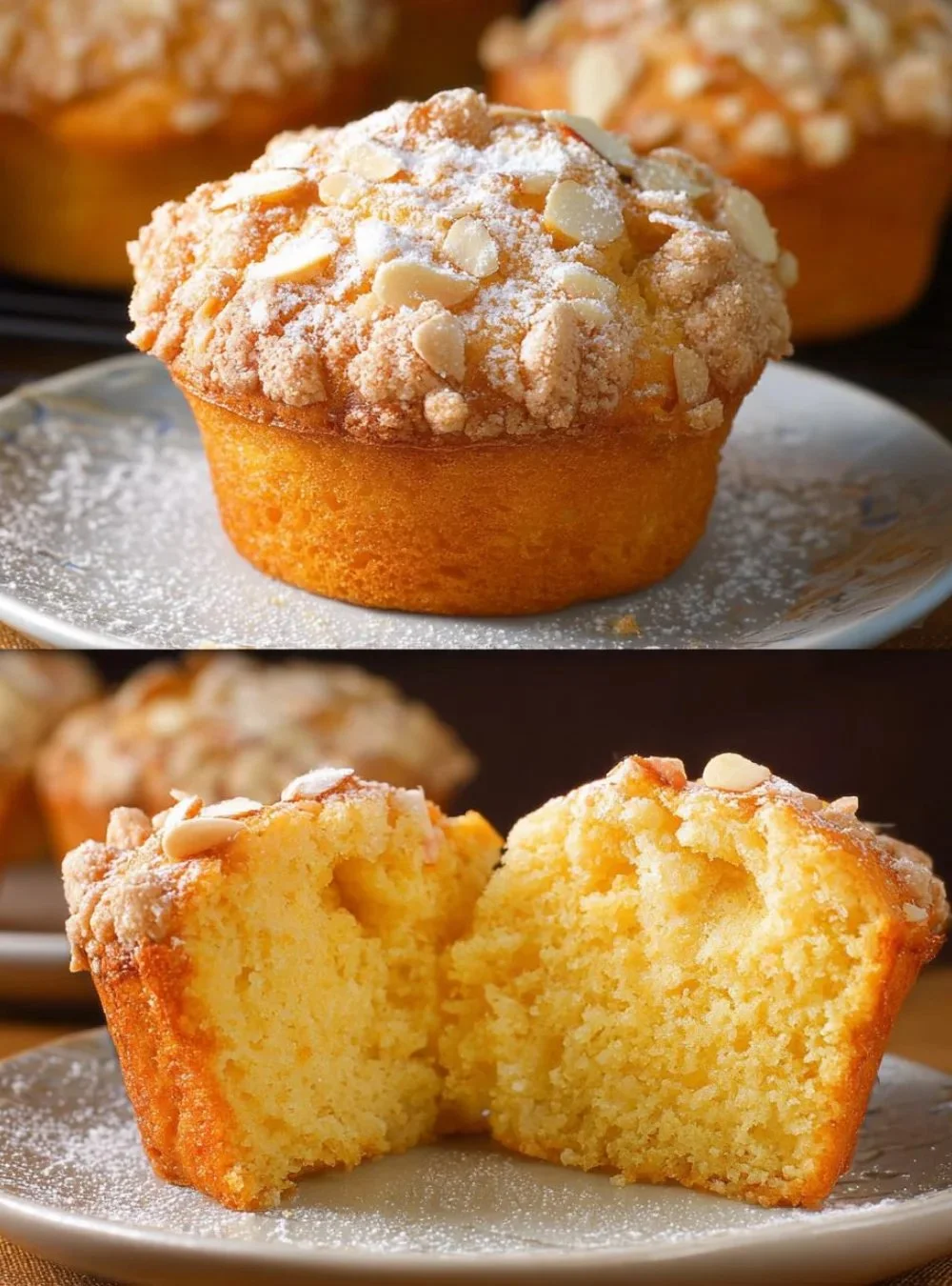 Saftige Orangenmuffins mit knusprigem Mandelcrumble auf einem Teller