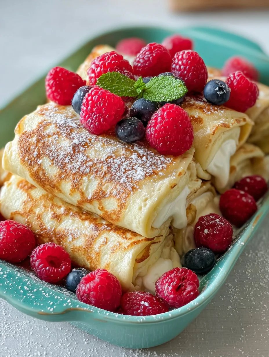 Palatschinken mit Topfenfüllung und frischen Beeren auf einem Teller