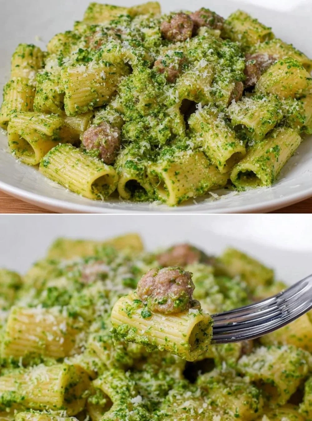 Pasta mit Brokkoli und Wurst auf einem Teller serviert
