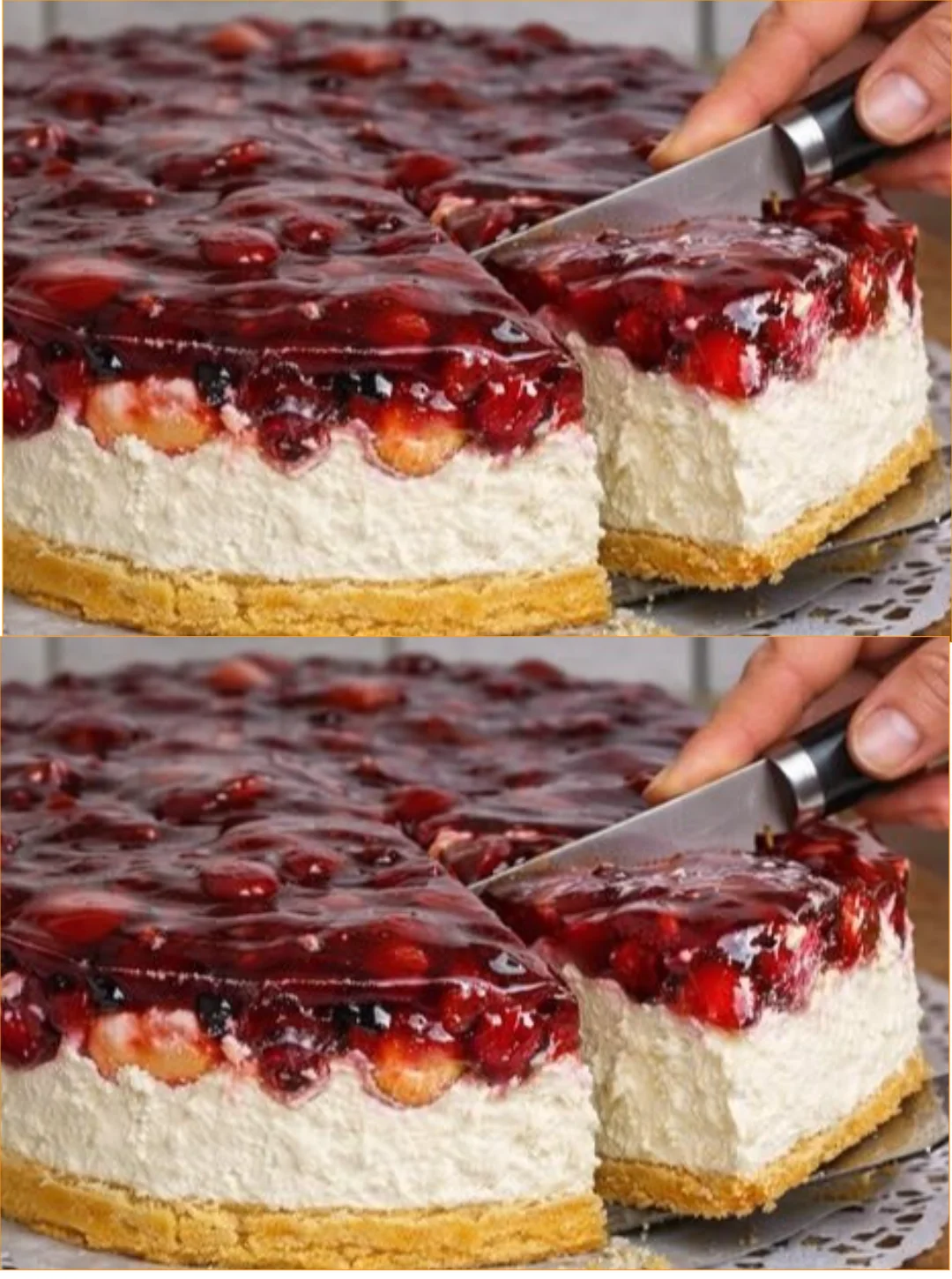 Deliziosa Sahnetorte mit Löffelbiskuits und Sauerkirschen auf einem Teller