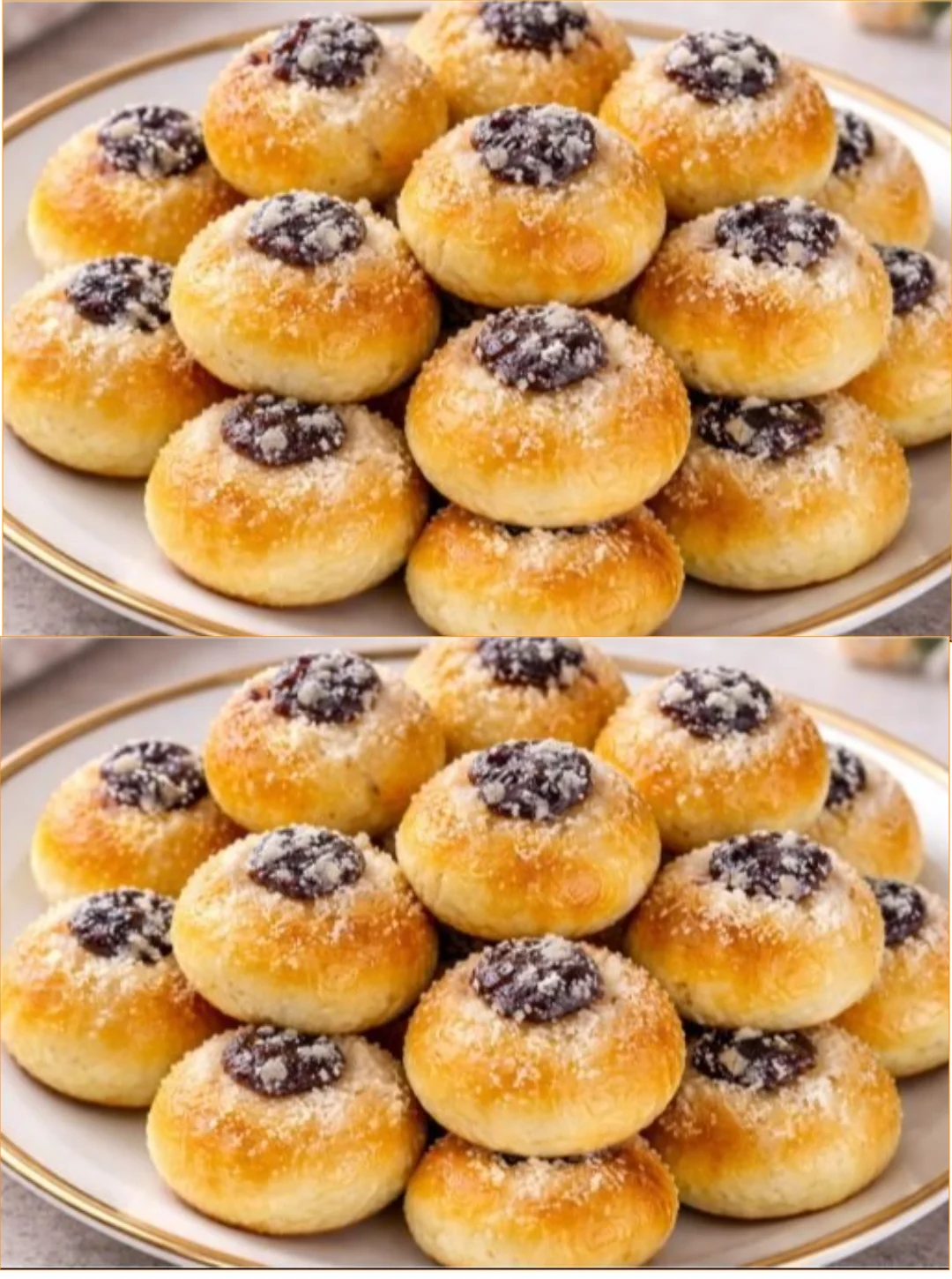 Schnelle Kekse mit Marmelade und Hüttenkäse auf einem Kuchenteller