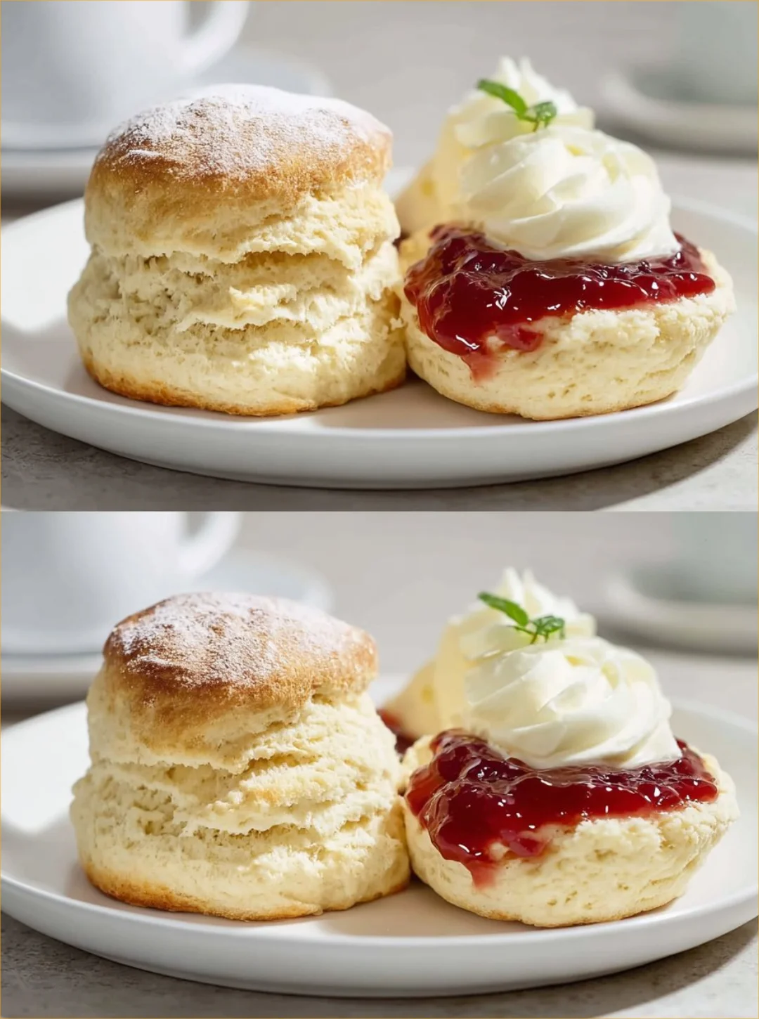 Frisch gebackene Scones mit Marmelade und Sahne auf einem Teller.