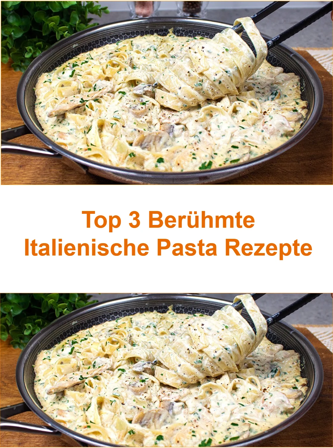 Drei berühmte italienische Pasta-Gerichte auf einem Teller serviert.
