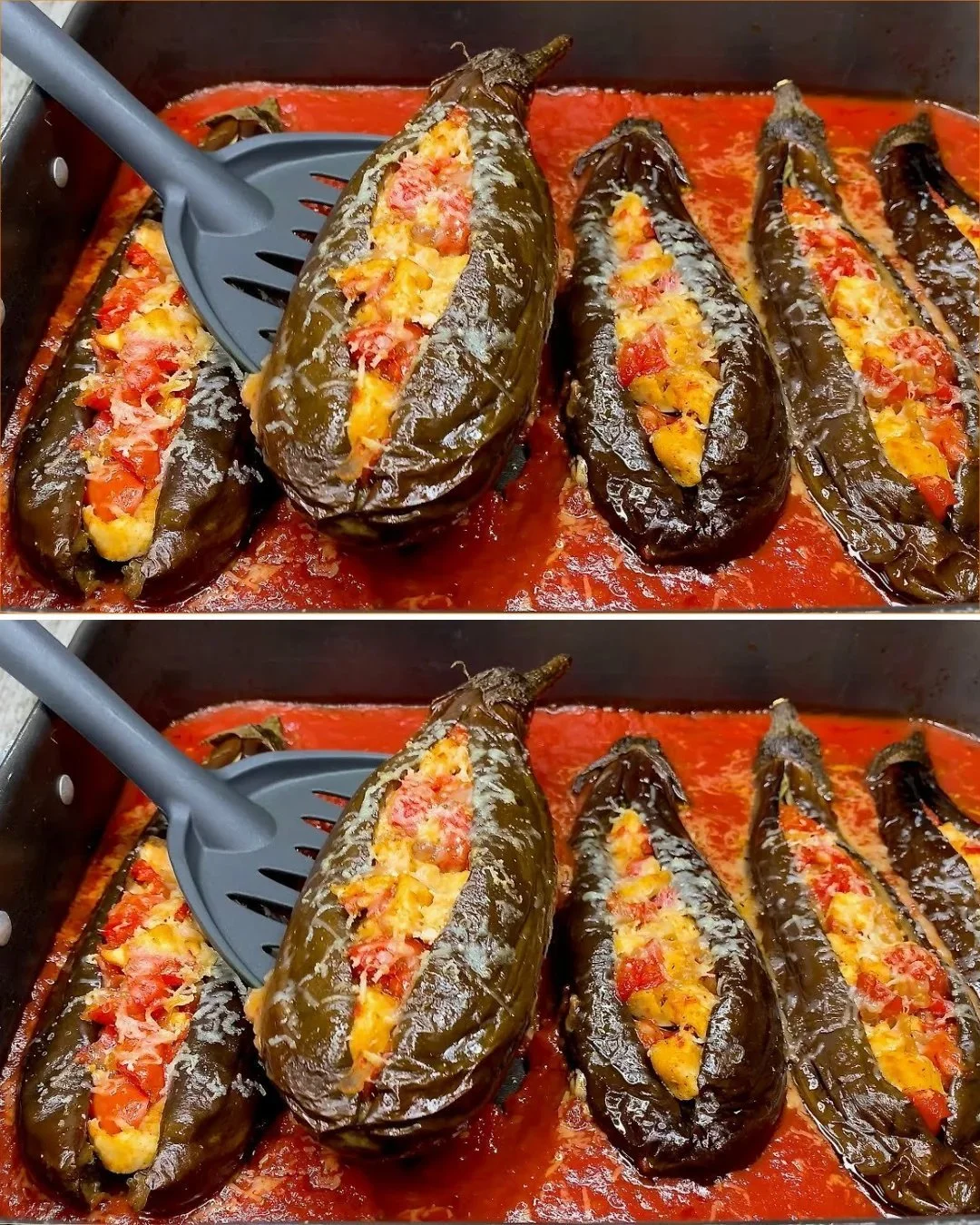 Türkische gebackene Aubergine mit Hähnchen und Tomatensauce auf einem Teller serviert.