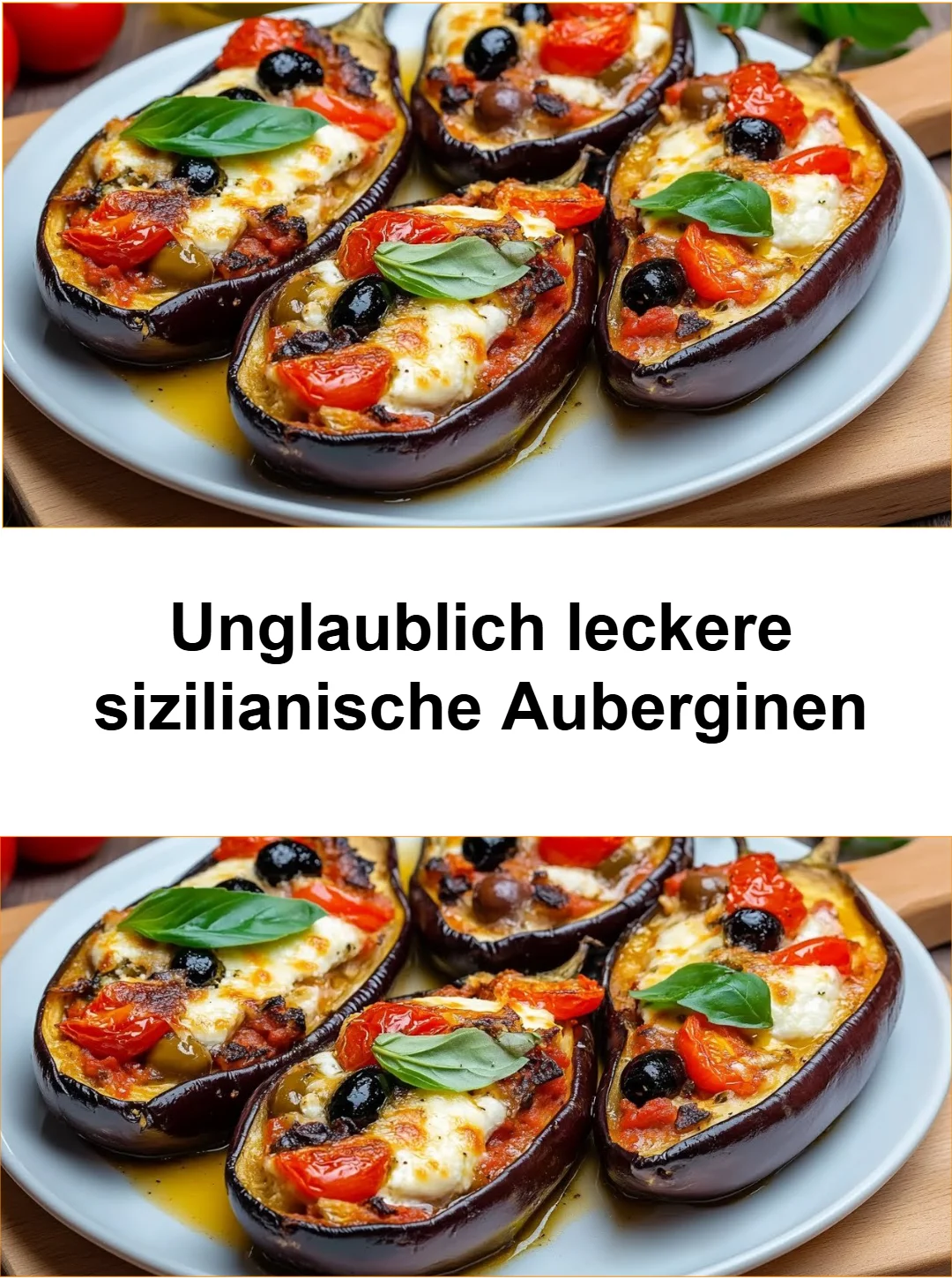 Leckere sizilianische Auberginen auf einem Teller mit Kräutern garniert.