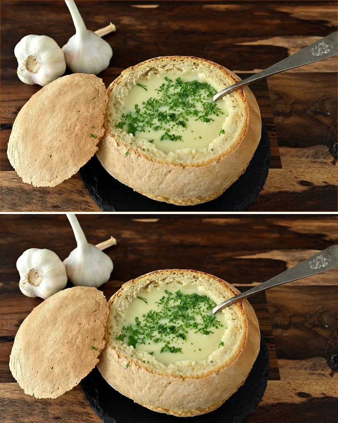 Schüssel mit Knoblauchsuppe im Brot, ein köstliches Rezept
