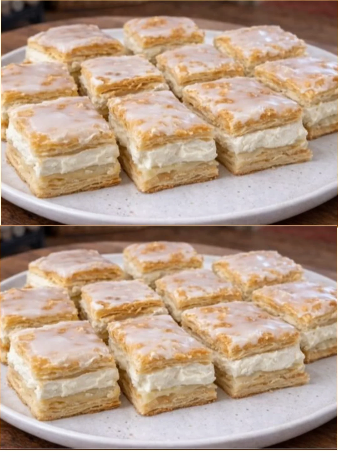 Leckerer Vanillecreme-Kranz auf einem schönen Teller, dekoriert mit einem Hauch von Puderzucker.