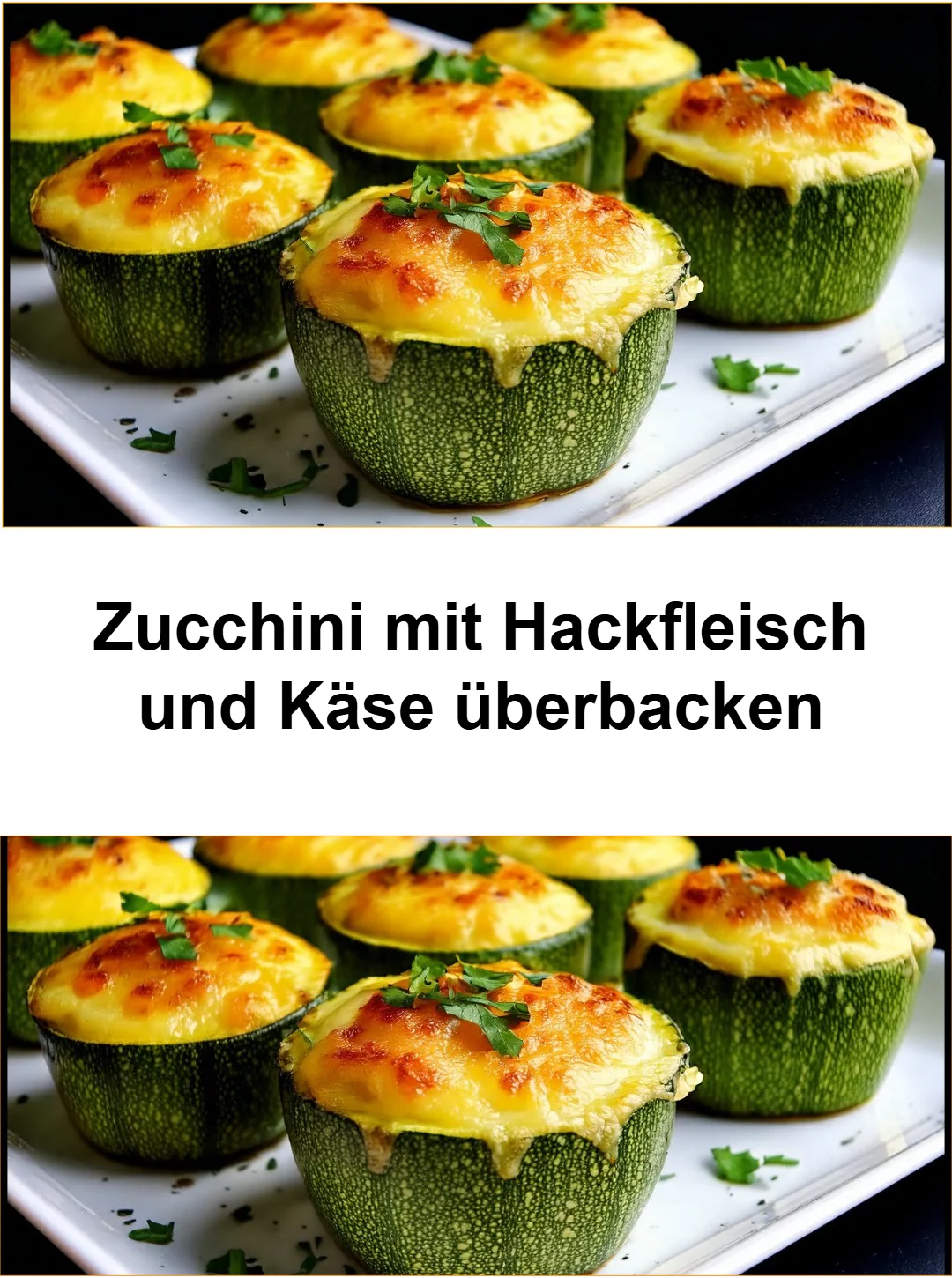 Überbackene Zucchini mit Hackfleisch und Käse auf einem Teller serviert
