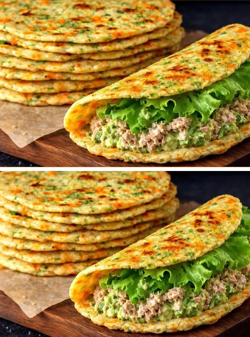 Köstliches Avocado-Fladenbrot mit Thunfisch auf einem Holzbrett serviert