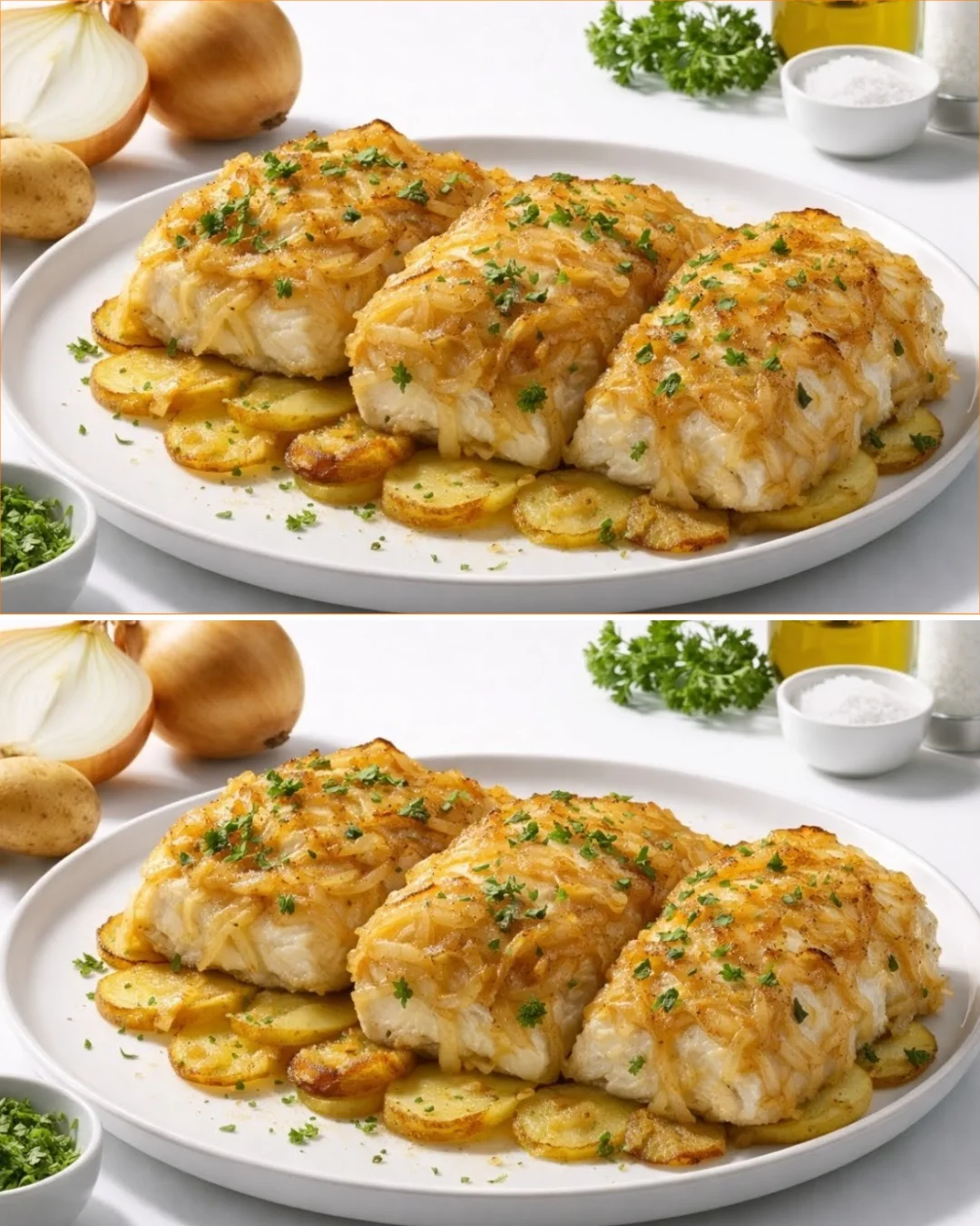 Bacalao al Estilo Português, traditionelles portugiesisches Gericht mit Kabeljau.