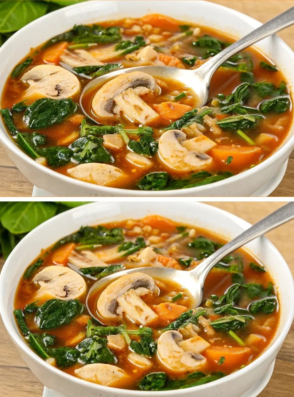 Schüssel Champignonspinat-Suppe mit frischen Zutaten
