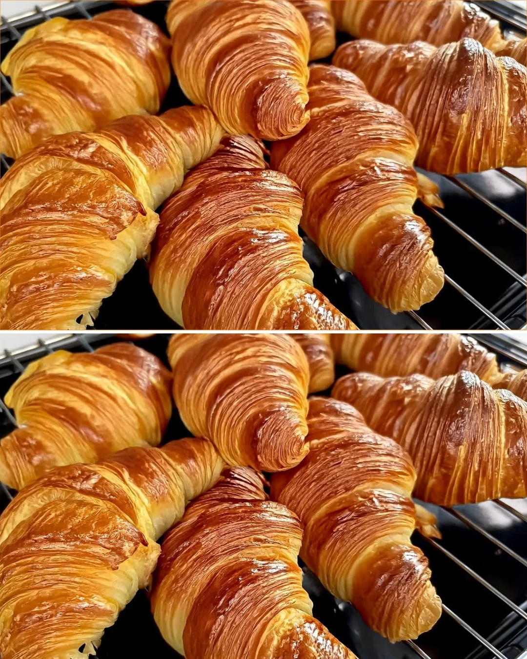 Frische, goldene Croissants auf einem Blech aus der Bäckerei