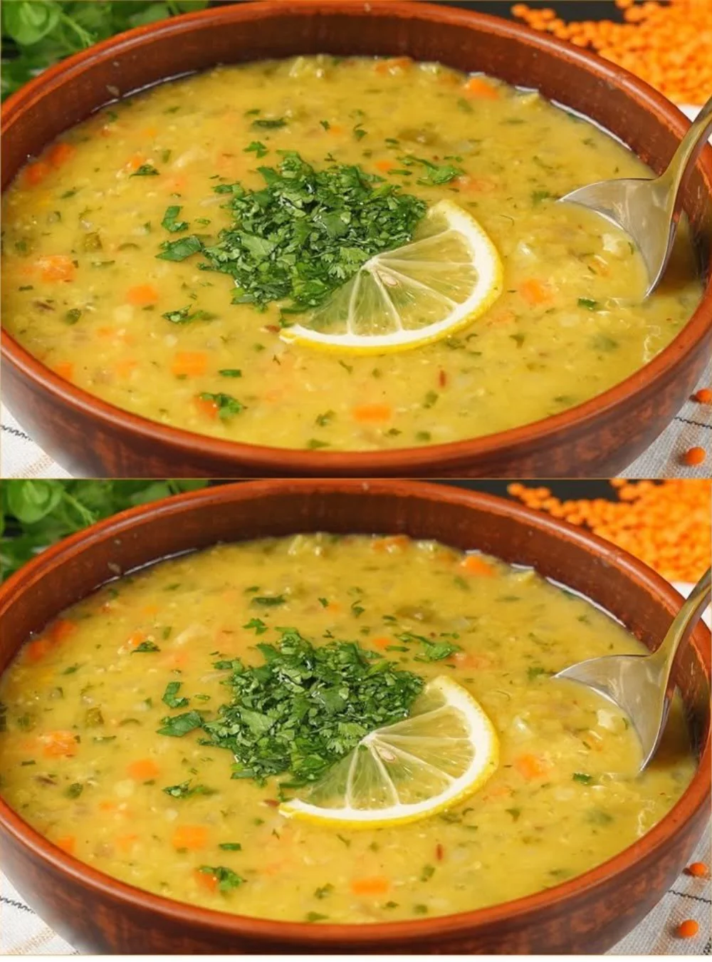 Einzelne Schüssel mit der einzigartigen Linsensuppe, inspiriert von Omas Rezept