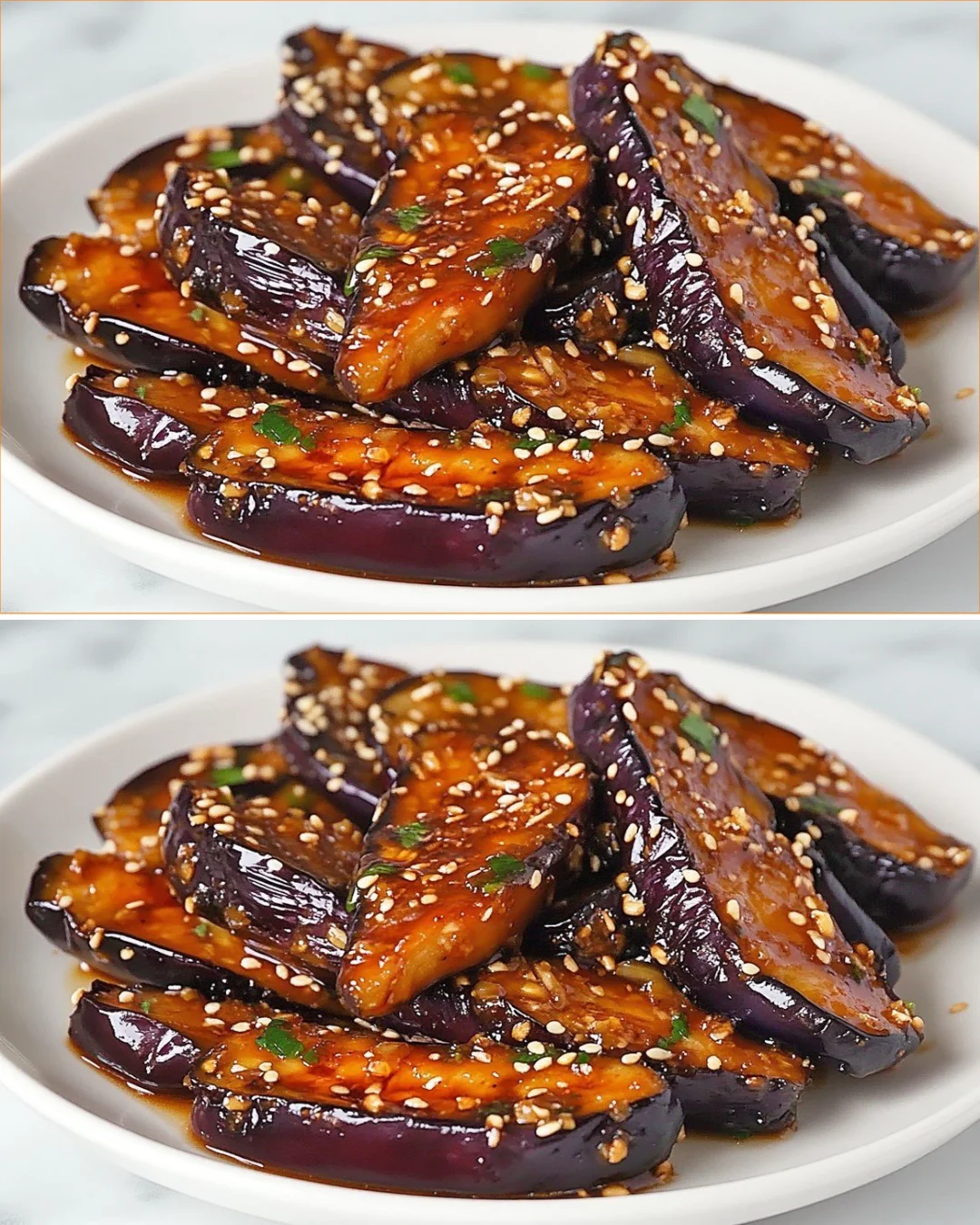 Gebrauchte Aubergine mit Sesam auf einem Teller serviert