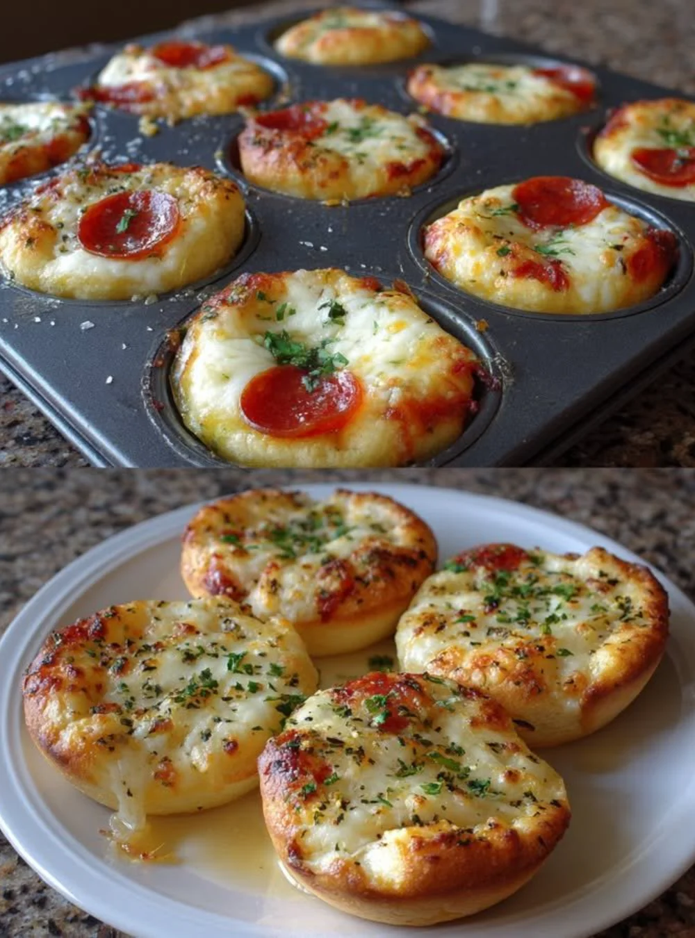 Knoblauchbutter-Pizza-Muffins mit geschmolzenem Käse für einen Snack und Filmabend