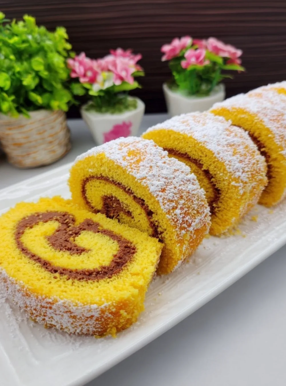 Einfache Torte mit drei Zutaten auf einem Teller, dekoriert mit Früchten