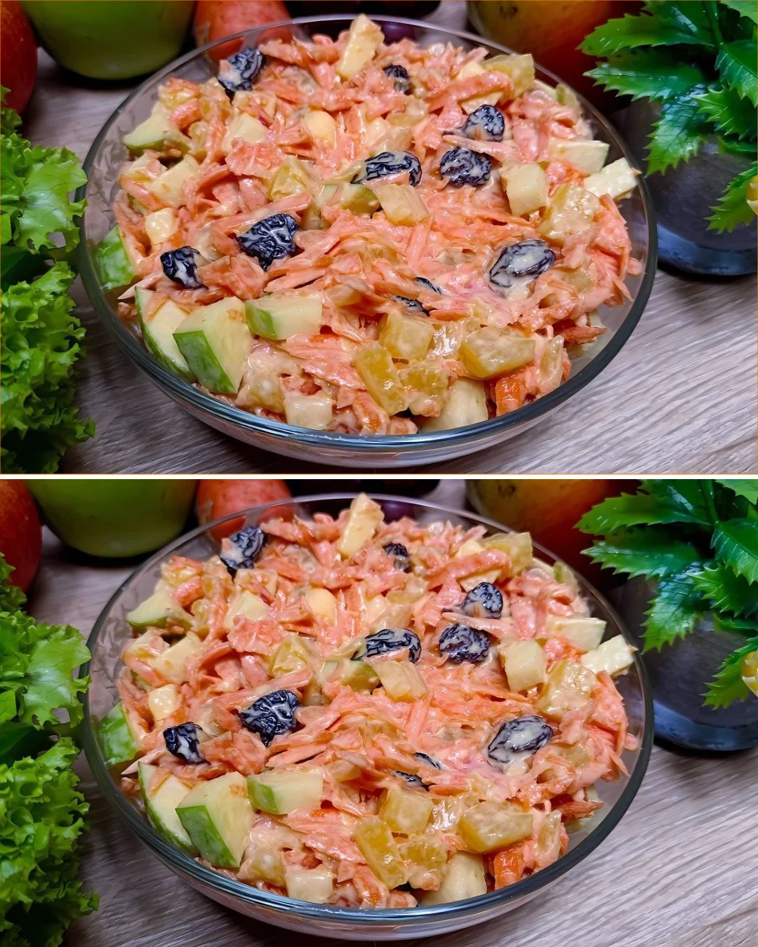 Erfrischender Karotten-Salat mit Ananas und Äpfeln auf einem Teller