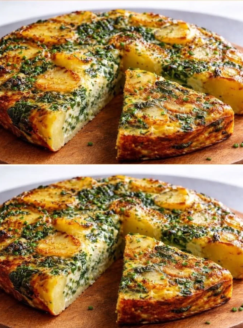 Flaky potato mit cremigem, grünem Inneren auf einem Teller