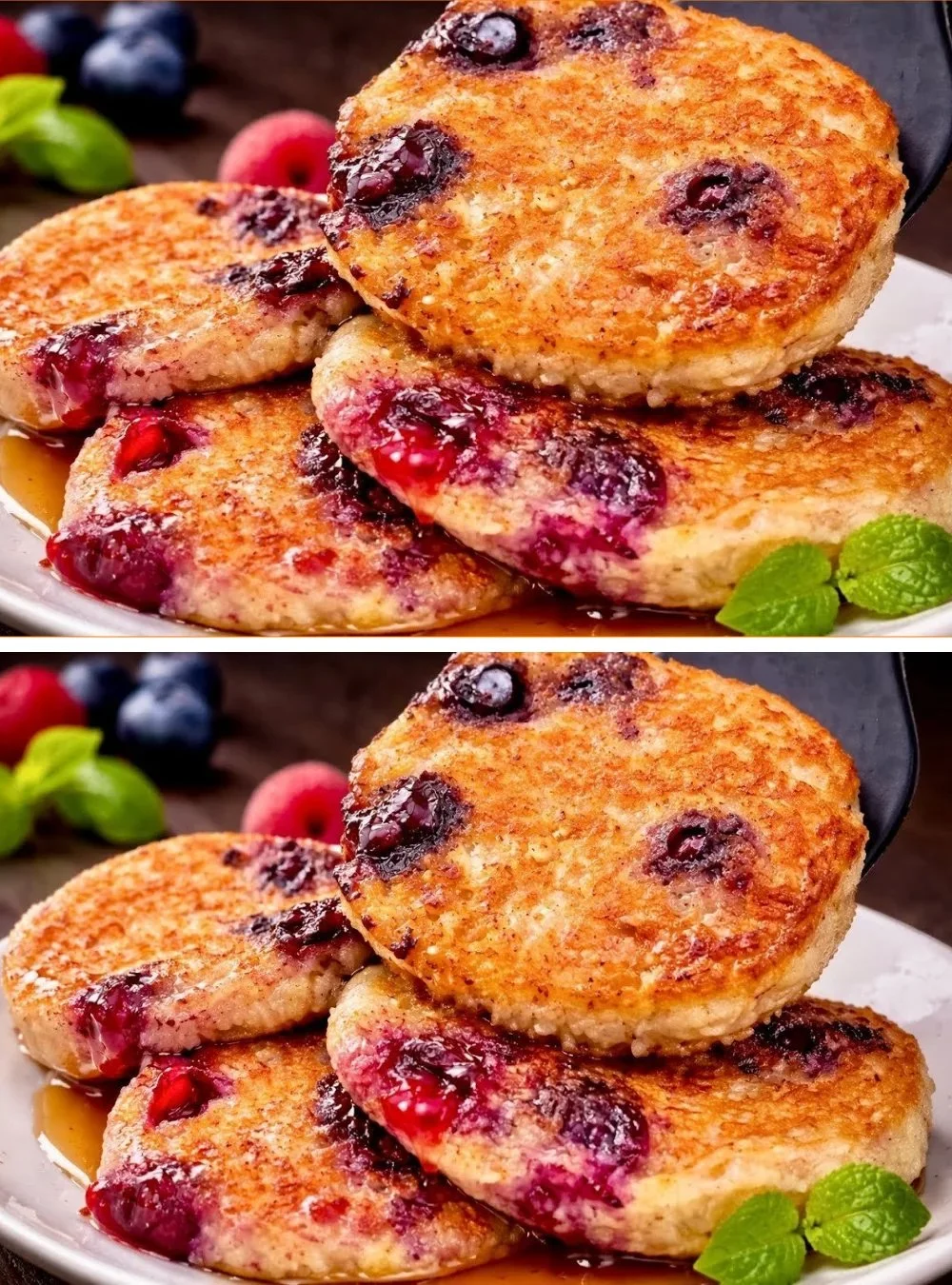 Hafer-Blaubeer-Pfannkuchen auf einem Teller, garniert mit frischen Blaubeeren