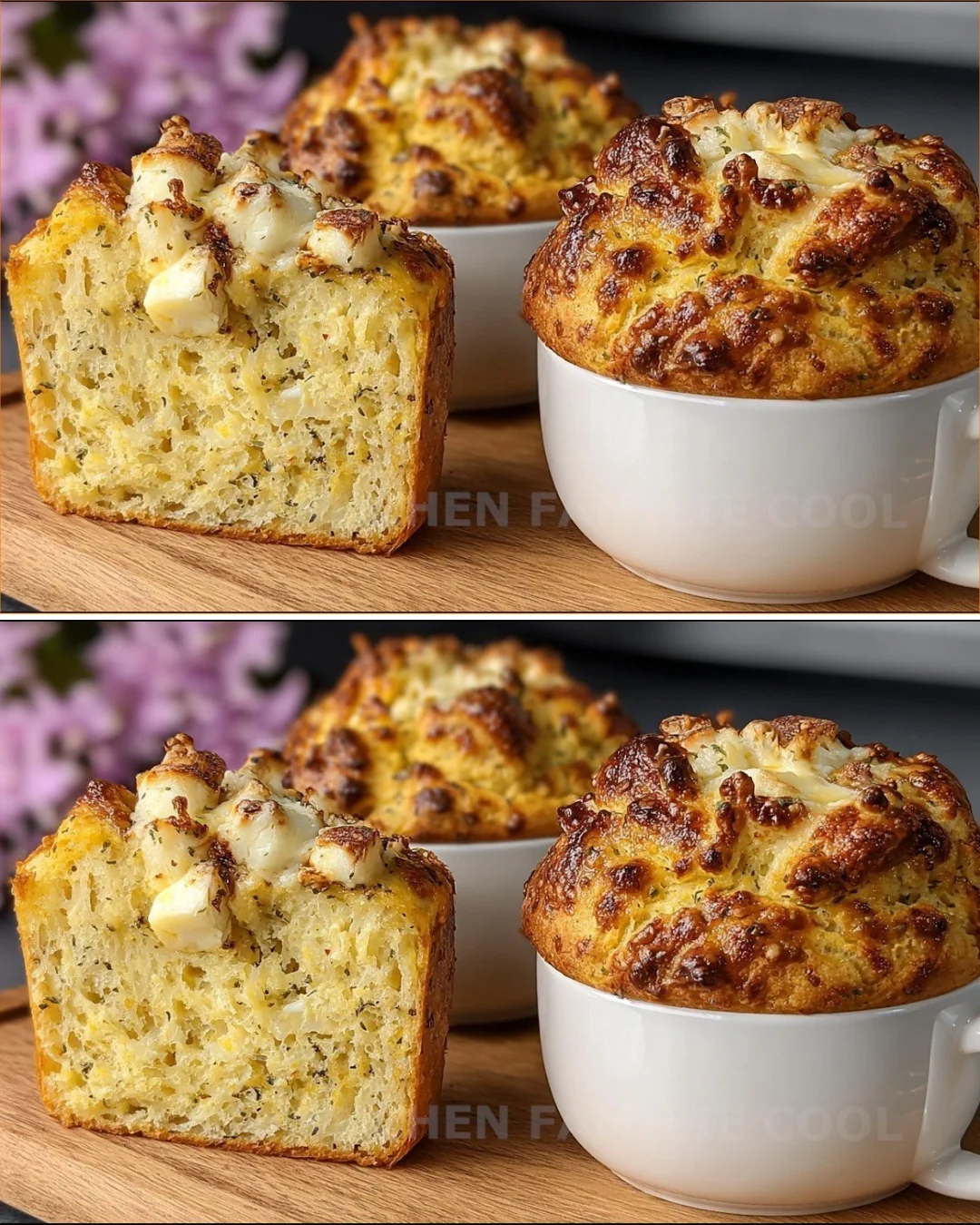 Hüttenkäse Tassenbrot in einer Tasse, frisch gebacken und dekoriert mit Kräutern.