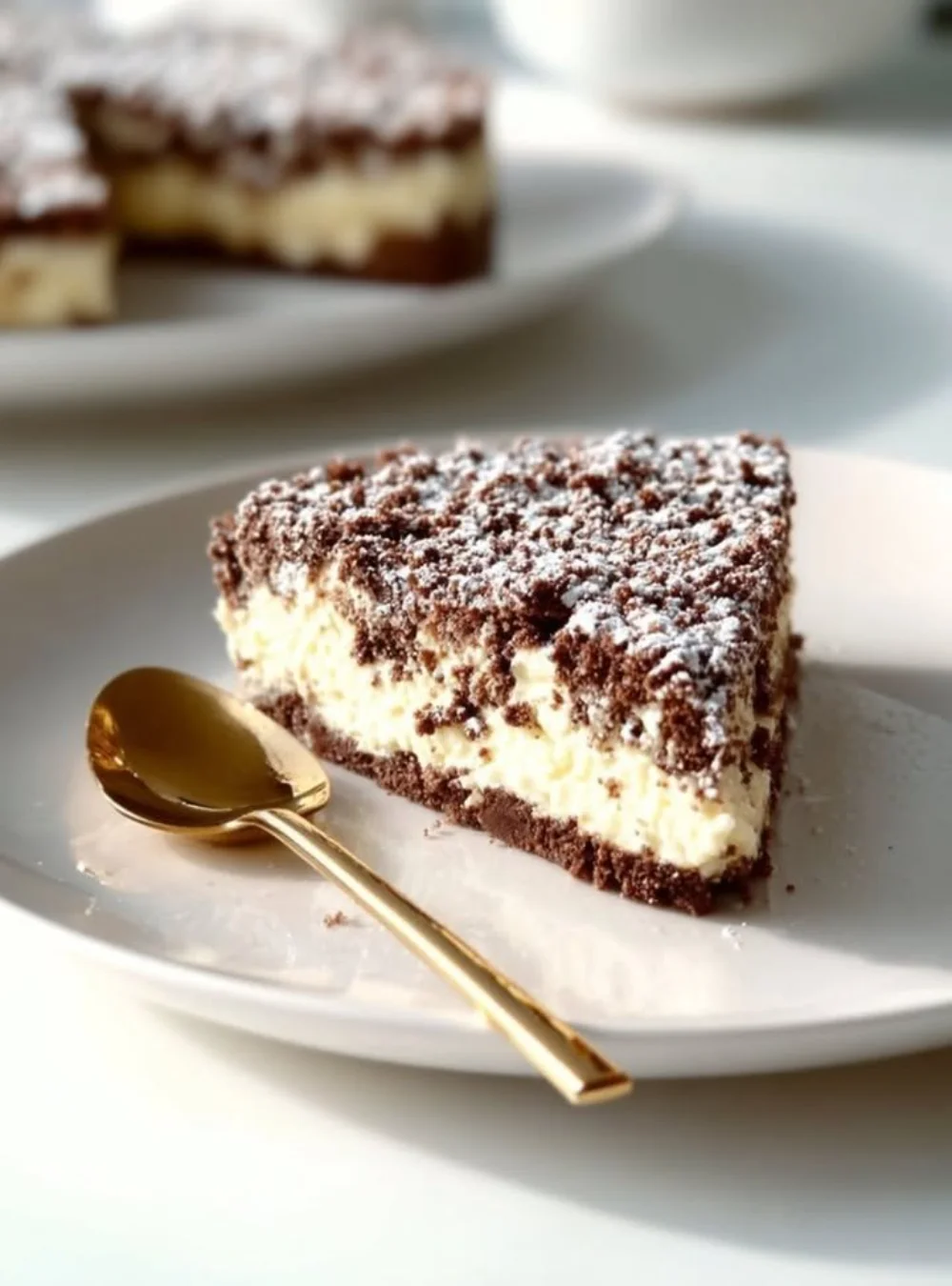 Käsekuchen ohne Mehl und Zucker auf einem Teller serviert.