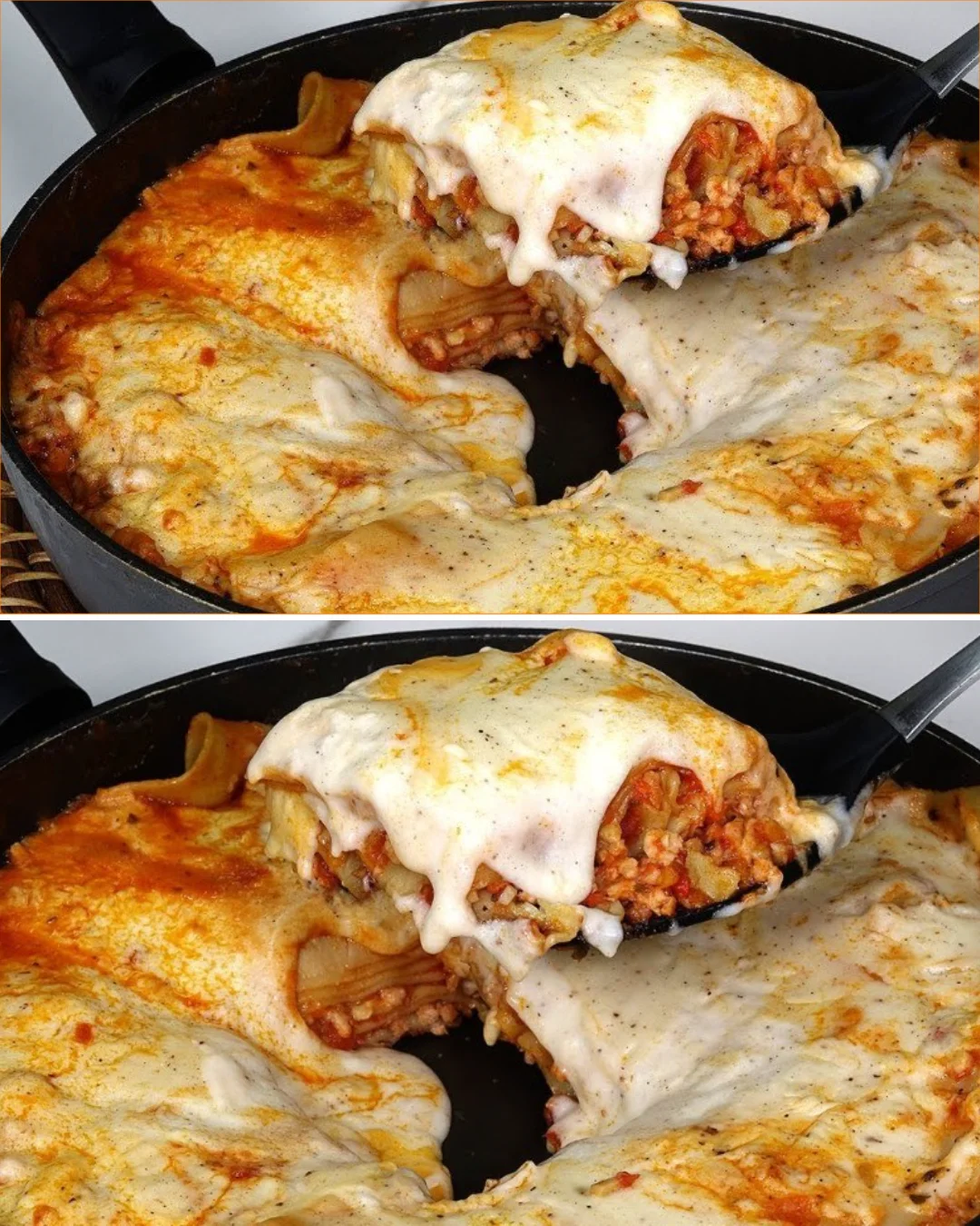 Lasaña de Pollo en Sartén mit frischen Zutaten und schmelzendem Käse.