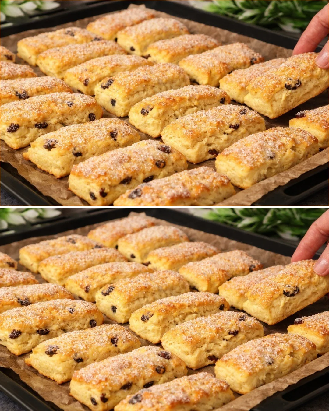 Leckere und schnelle Rosinenkekse auf einem Holzbrett angerichtet.
