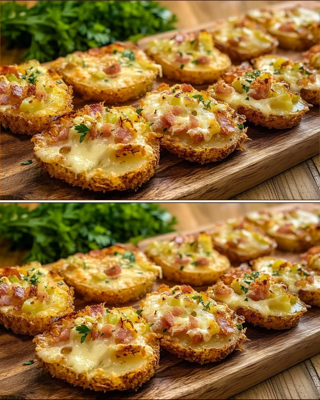 Papas empanizadas al horno mit Puerros und Tocino auf einem Teller serviert.