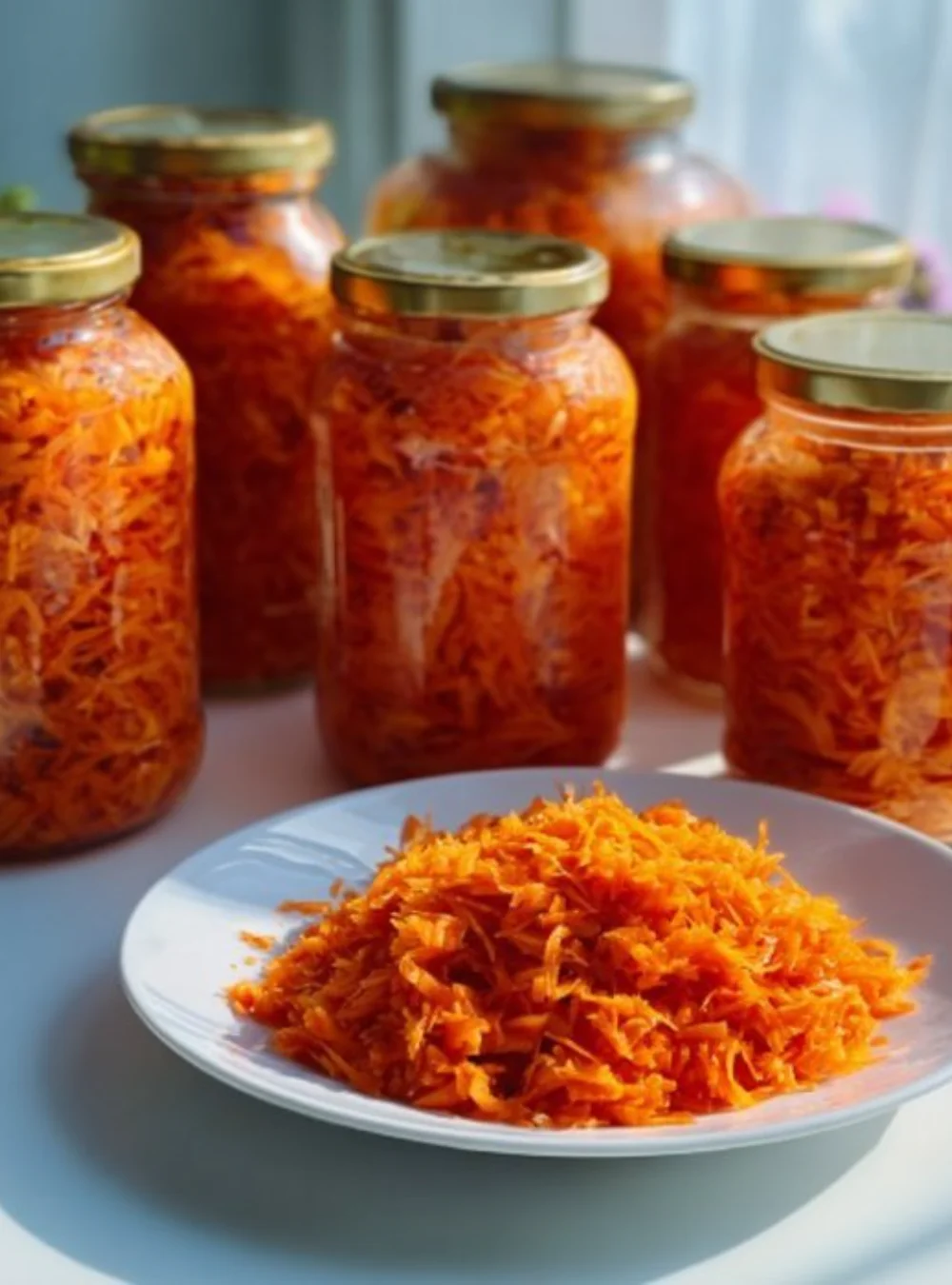 Bunter Peperoni und Karottensalat in einer Schüssel mit frischen Kräutern.
