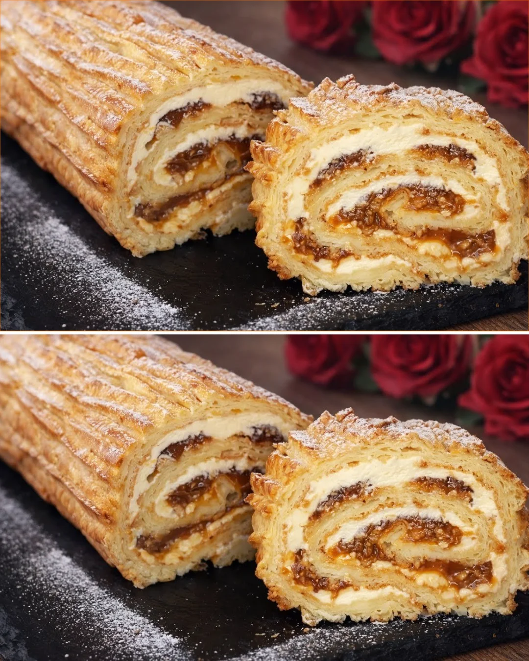 Perfekte Puddingrolle auf einem Teller serviert
