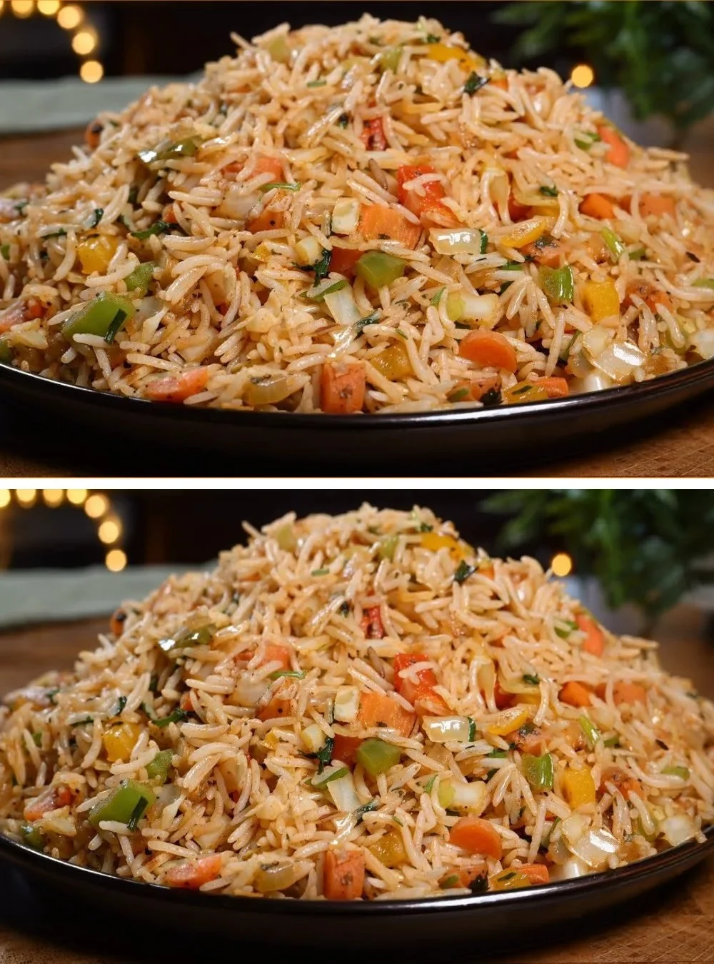 Reis Basmati mit Gemüse und Sriracha in einer Schüssel angerichtet