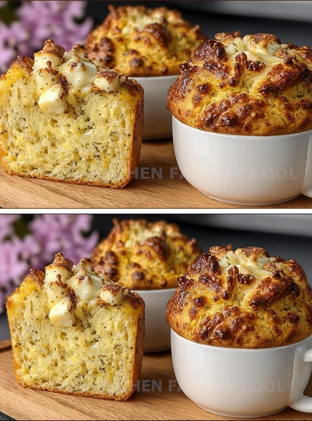 Tassenbrot mit Hüttenkäse auf einem rustikalen Tisch serviert