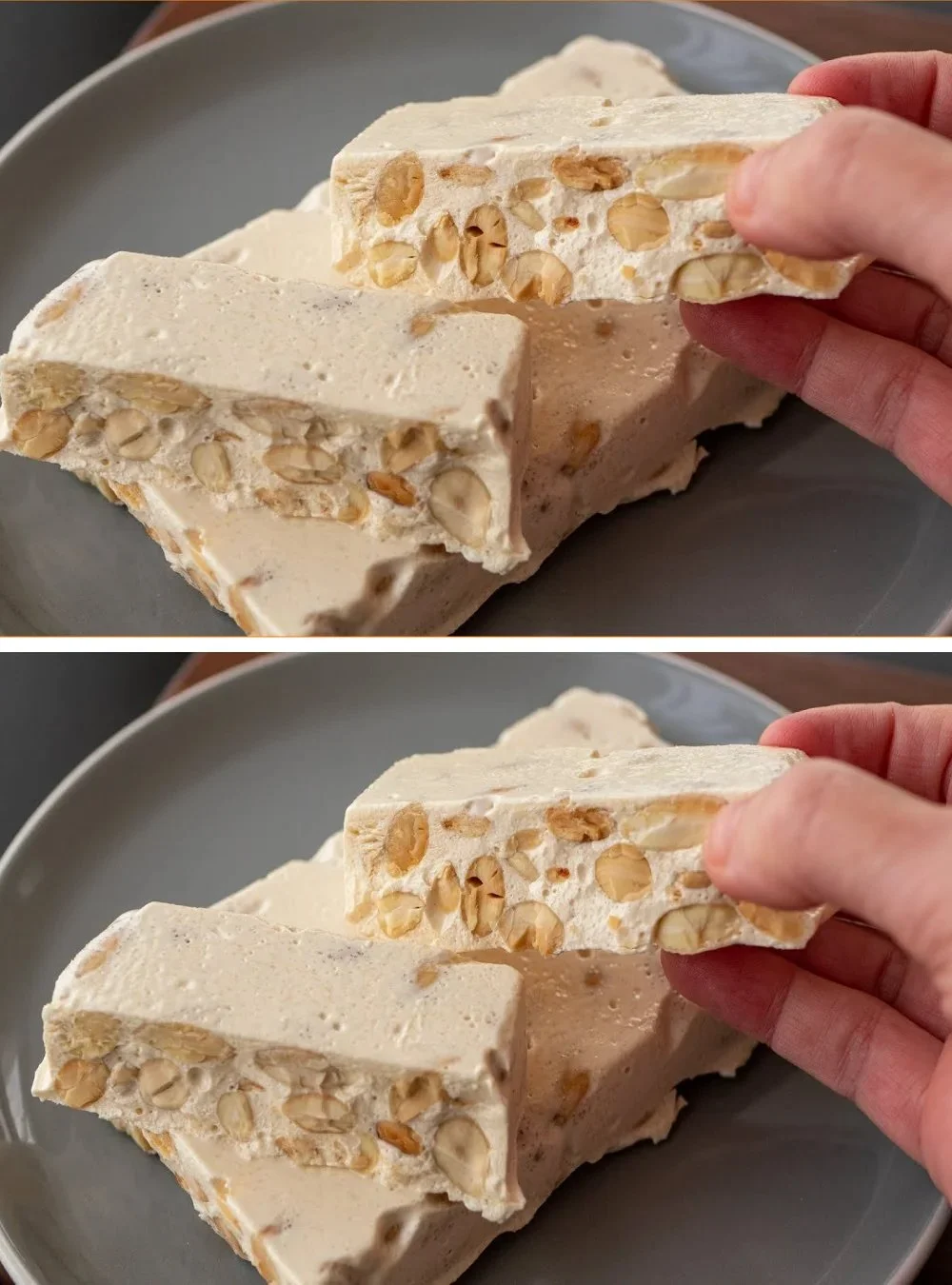 Teil eines Turrón auf einem Teller, bereit zum Genießen.