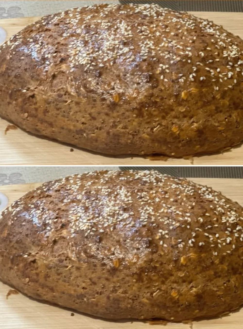 Sliced healthy bread on a wooden cutting board, ideal for a nourishing breakfast.