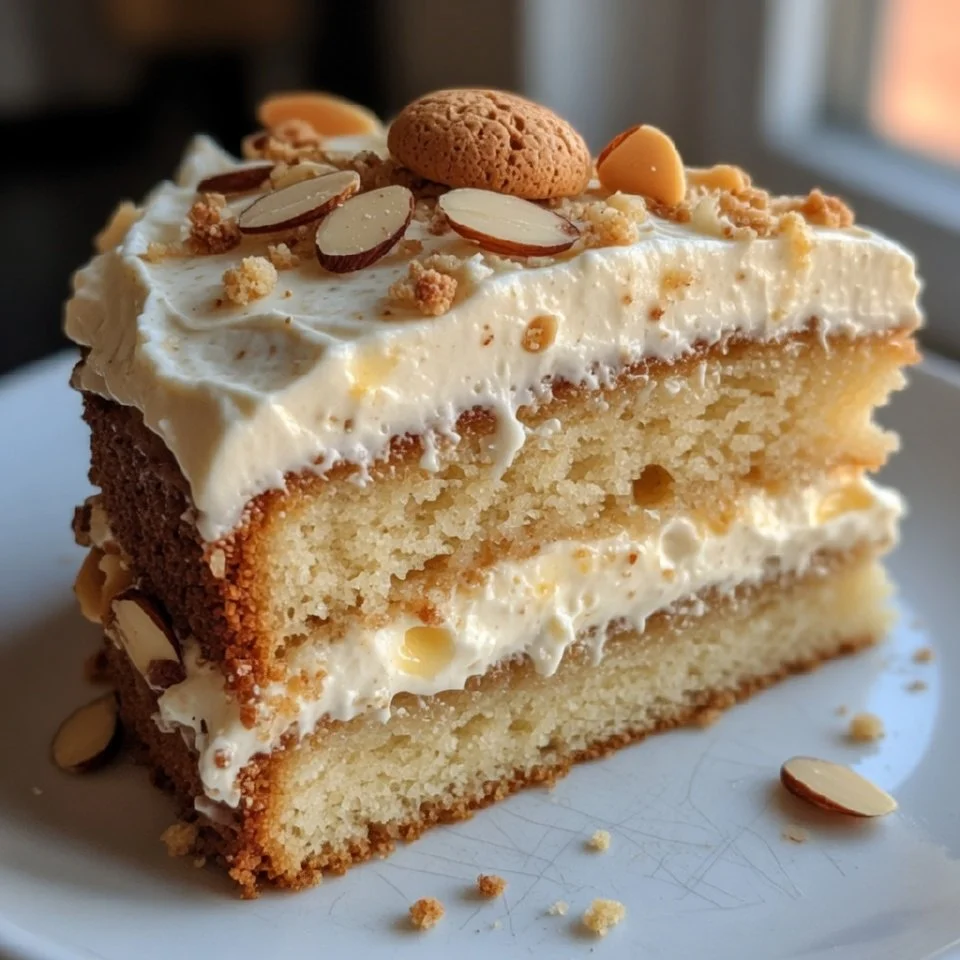Ein Stück Amaretto-Mandel-Sahnetorte mit Sahne und Mandeln garniert.